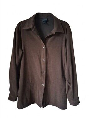 VINTAGE Jane Ashley Brown Suede-Look Button Down Stretch Shirt Medium 90s